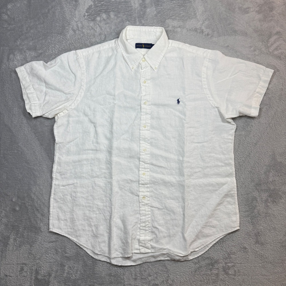 Ralph Lauren Button Down Shirt Mens XL White Linen Short Sleeve Pony Logo Flaw
